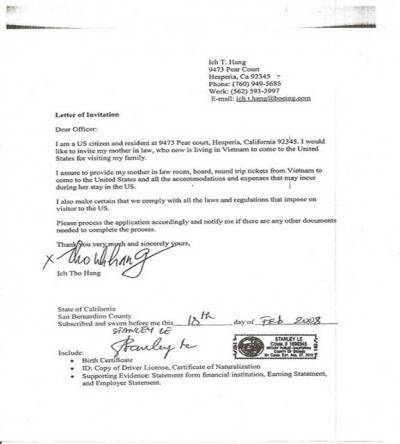 Mẫu thư mời người thân sang Úc, Mỹ, Canada và những nước nói tiếng Anh khác